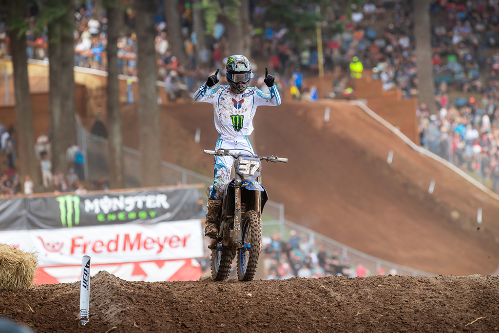 Monster Energy Yamaha Star Racing’s Cole Davies cuts the 250MX points deficit from 25 to seven with a moto sweep at the Washougal National