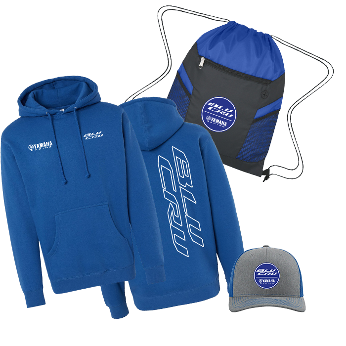 BLU CRU hoodie, hat and Backpack shown