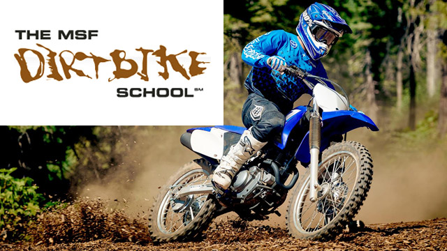 The MSF DirtBike School. Rider on a dirtbike on dirt path.